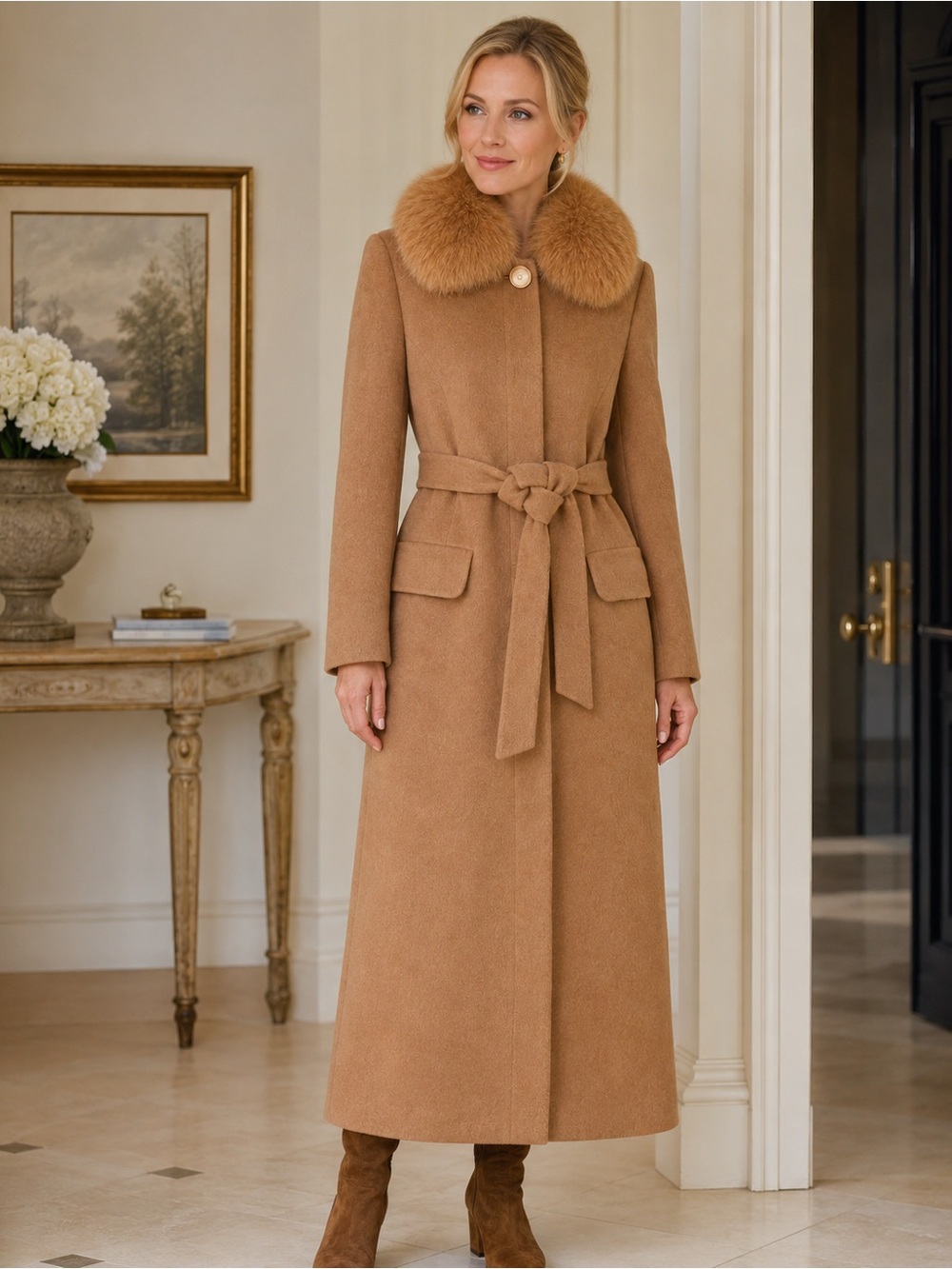 East Snow 50% Alpaca Wool Camel Belted Long Coat XS 0 2 Quiet Luxury